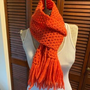 Vintage Hand Knit Orange Fringe Scarf